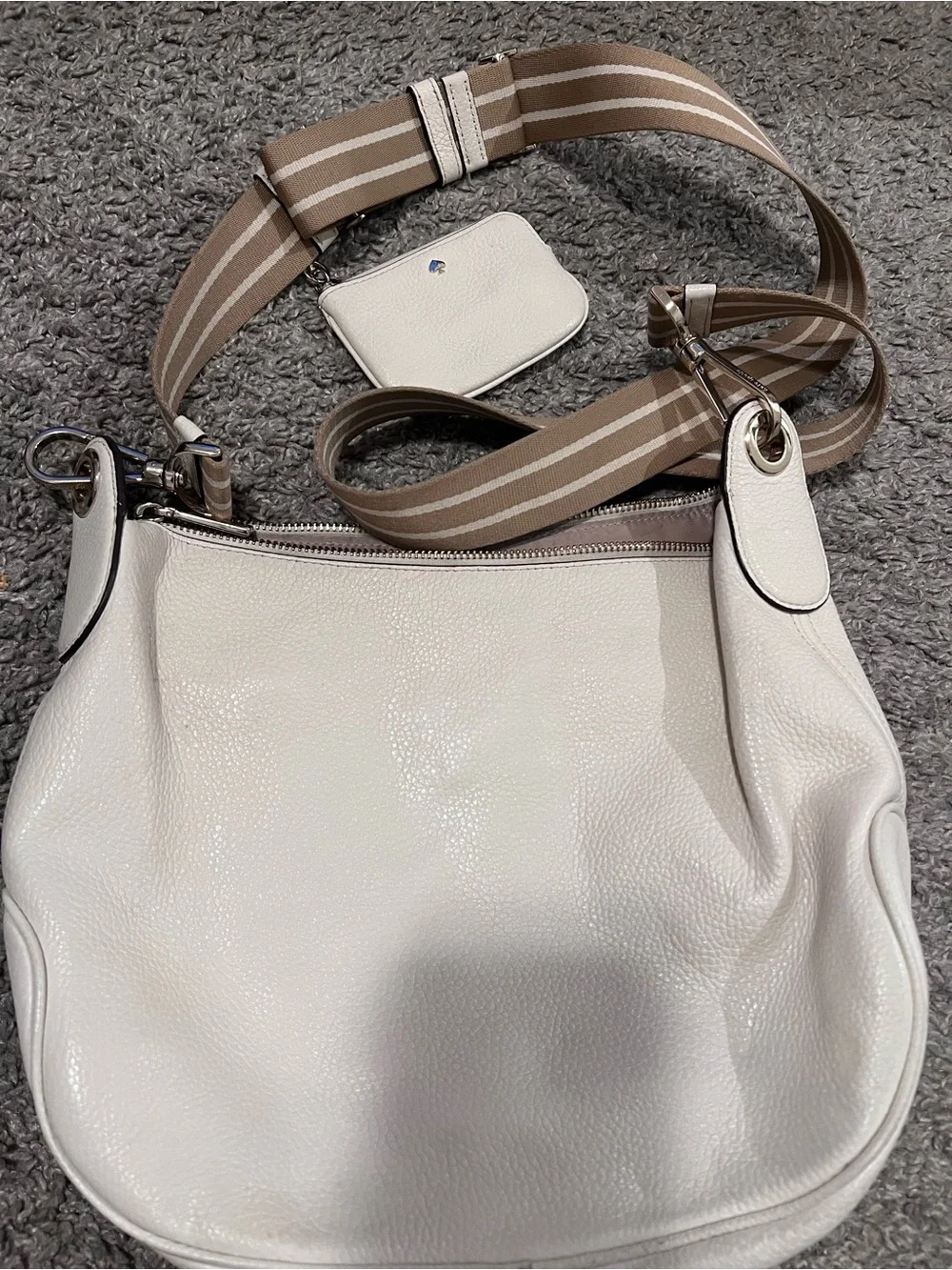 kate spade white pebbled leather crossbody with striped tan strap and coin pouch